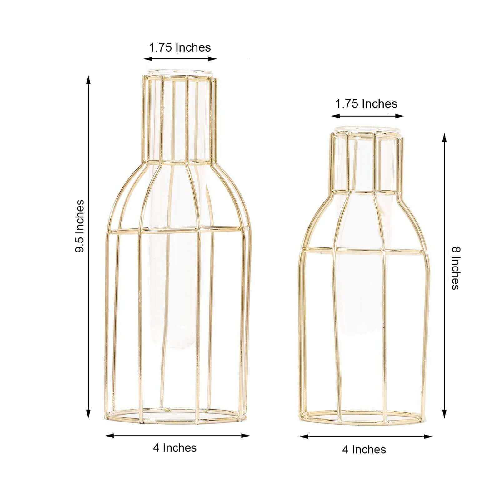 Set of 2 Wedding Centerpieces Gold Metal Frame Bottle Shaped Design - Geometric Glass Bud Vases 8",10"