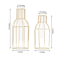 Set of 2 Wedding Centerpieces Gold Metal Frame Bottle Shaped Design - Geometric Glass Bud Vases 8",10"