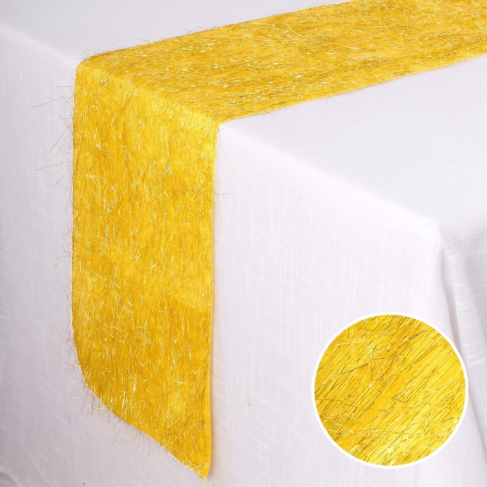 Metallic Tinsel Polyester 12"x108" Table Runner Gold - Shimmery Fringe Shag Event Table Decor