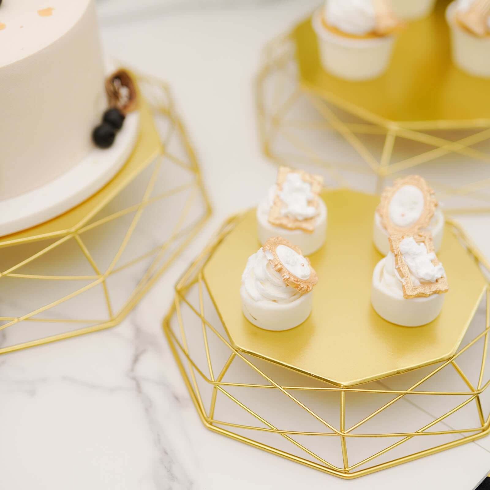 Set of 3 Metal Cake Stands Geometric Reversible Octagon Design Gold - Dessert Display Baskets 7", 9", 11"