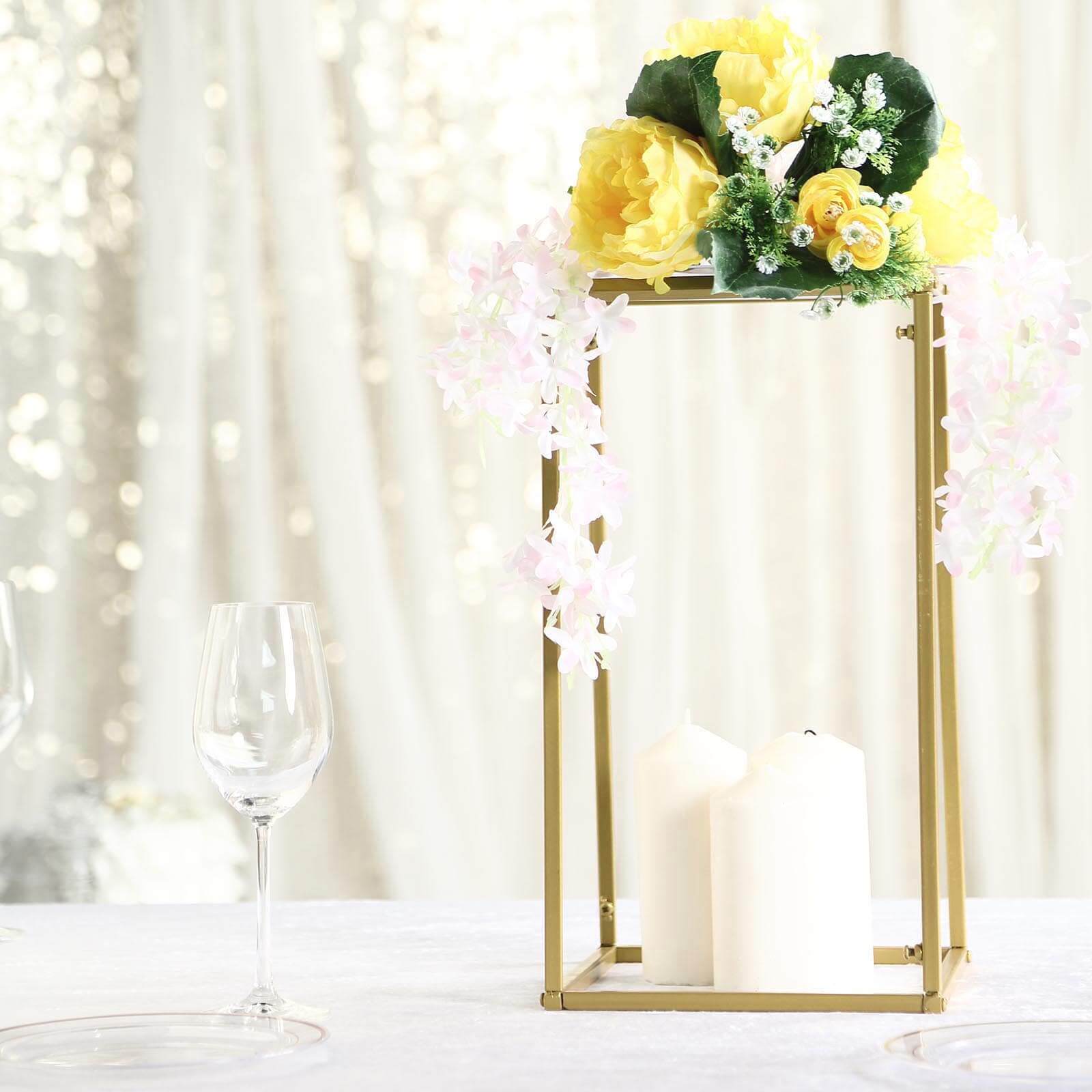 2-Pack Wedding Flower Stand Gold Metal Geometric Column Frame Rectangular - Versatile Floral Pedestal for Sophisticated Arrangements 16"