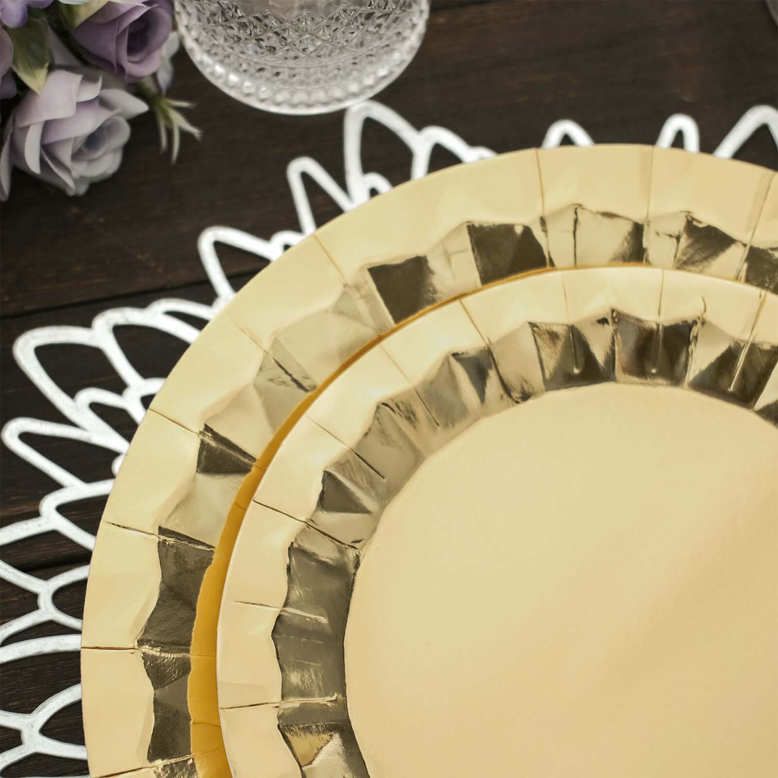 25-Pack Paper 12" Round Charger Plates in Metallic Gold with Geometric Prism Design - Disposable 400GSM Serving Trays for Stylish Banquets & Celebrations