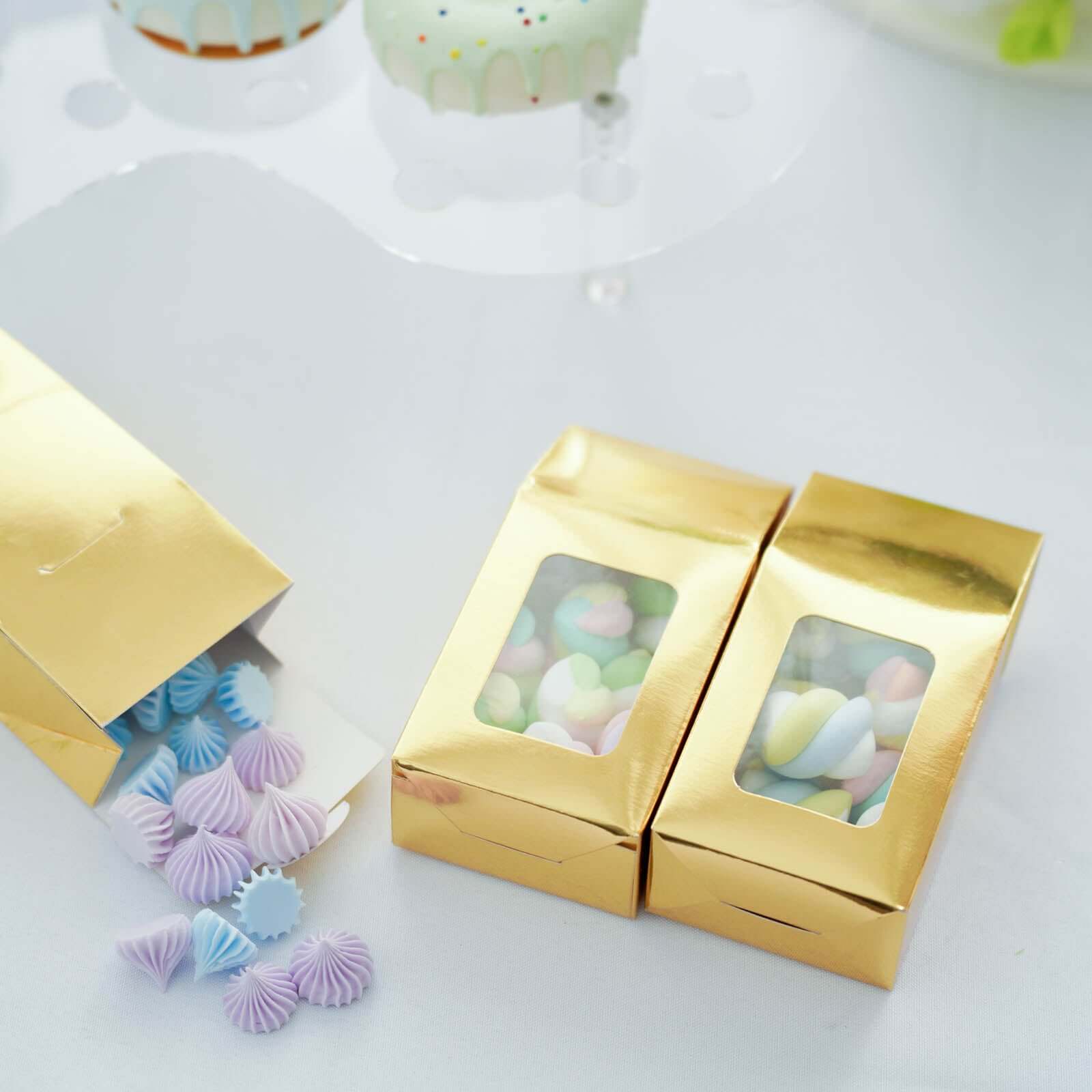 25 Pack Gold Tote With Window Party Favor Candy Gift Boxes 2.75" X 1.5" X 6"