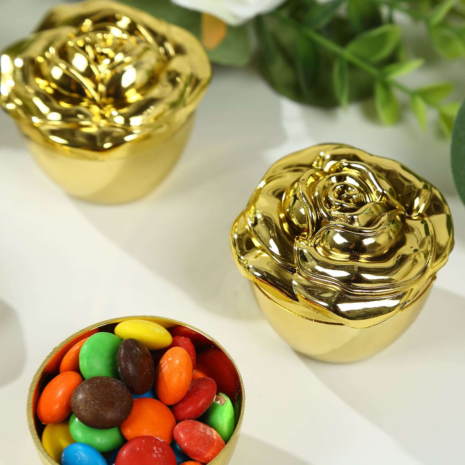 20-Pack Plastic Fillable Mini Candy Container in Vintage Rose Style Gold with Lids - Stylish Candy Treat Favor Boxes 2"