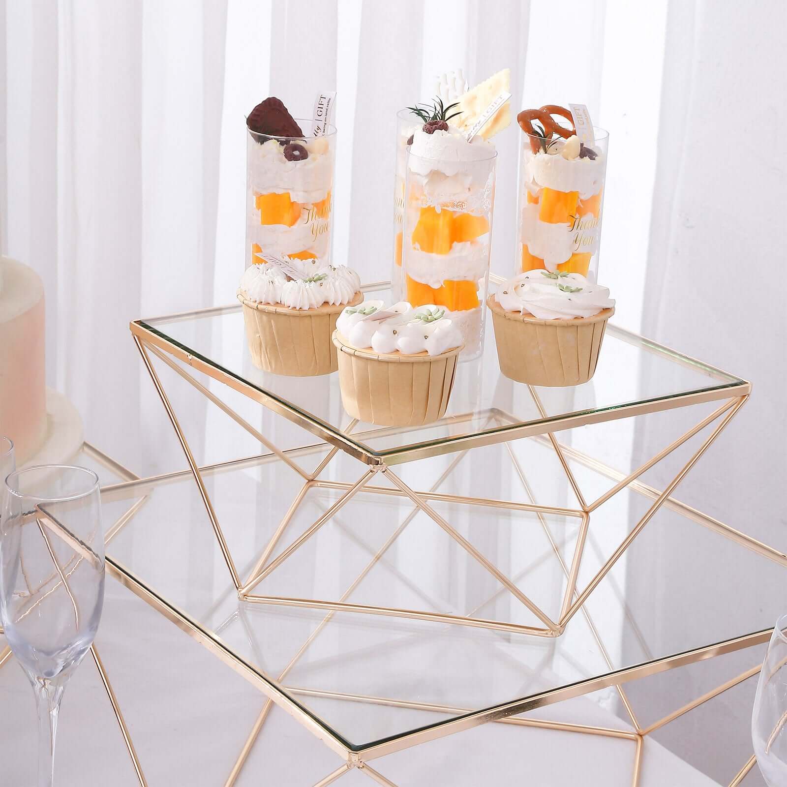 Set of 3 Metal Cake Dessert Stands Geometric Stackable Design Gold with Square Glass Top - Pedestal Display Centerpieces