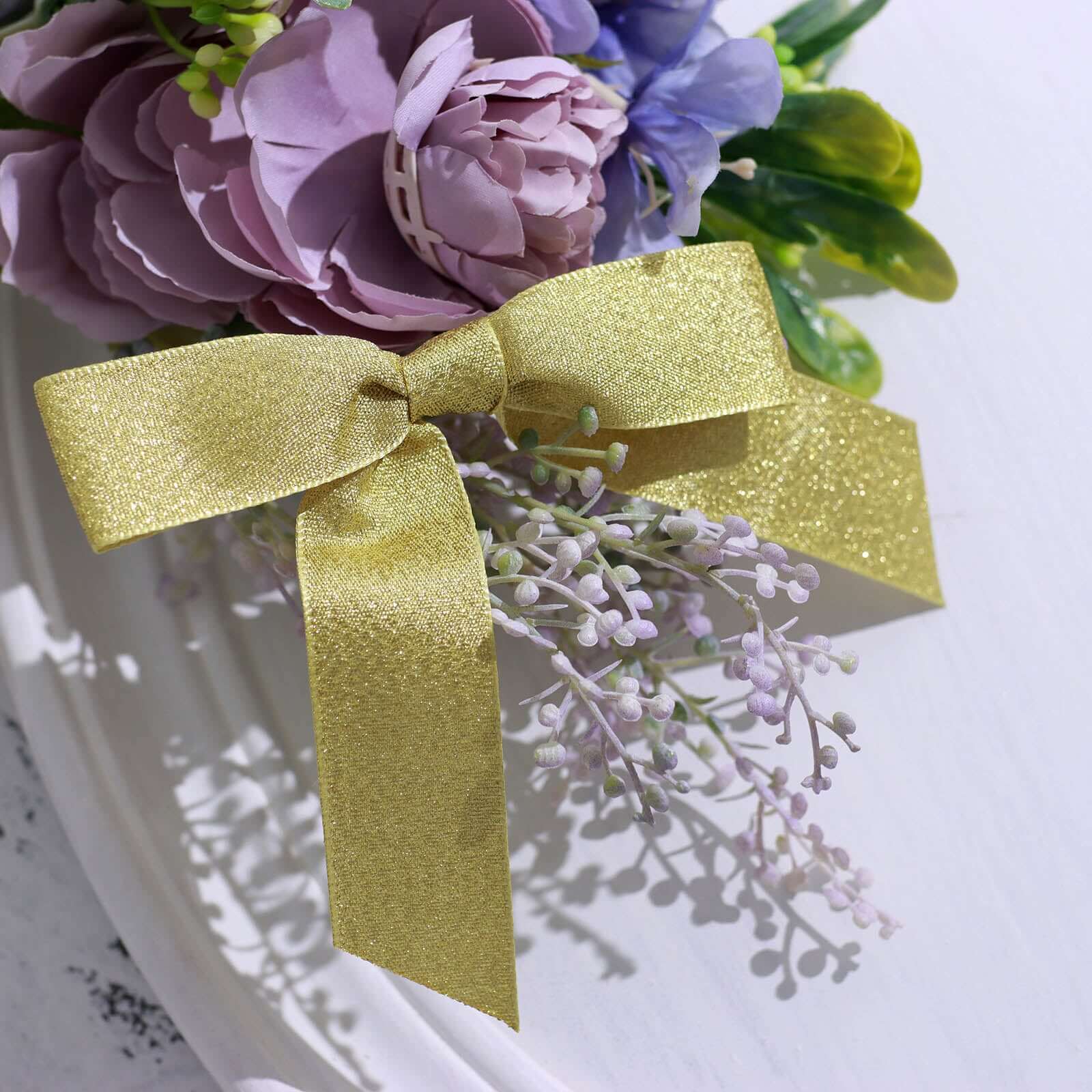 50 Pcs 4" Nylon Ribbon Bows With Twist Ties, Gift Basket Party Favor Bags Decor - Gold Glitter Design