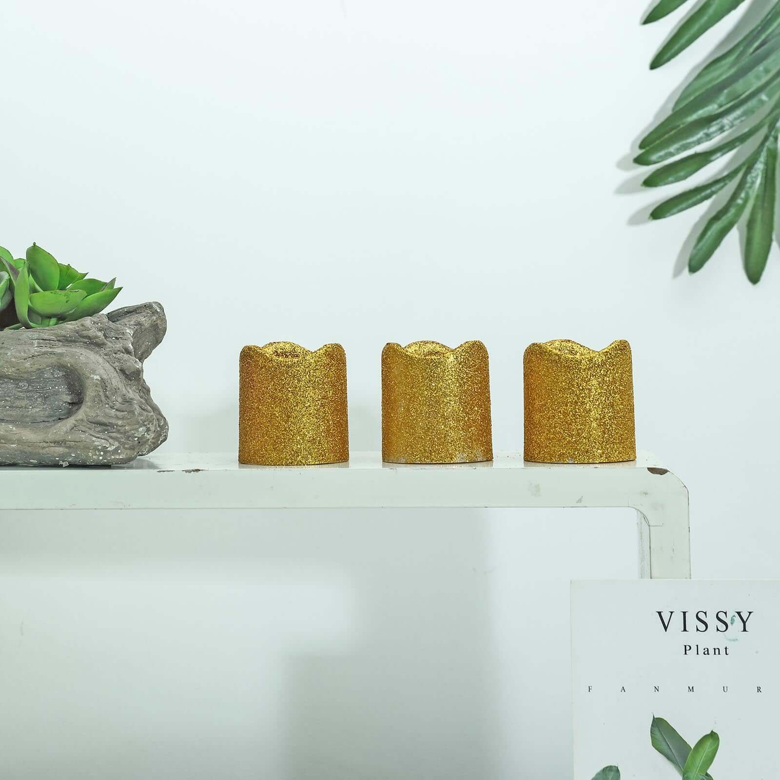 12-Pack LED Votive Candles Glittered Gold Design - Reusable Flameless Battery Operated Lights