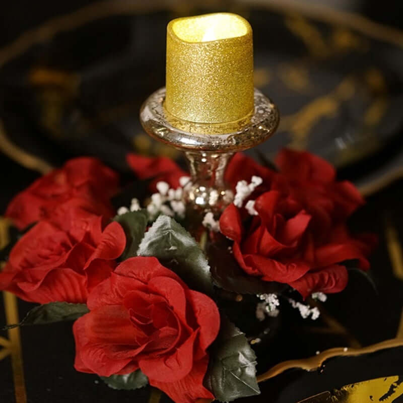 12-Pack LED Votive Candles Glittered Gold Design - Reusable Flameless Battery Operated Lights