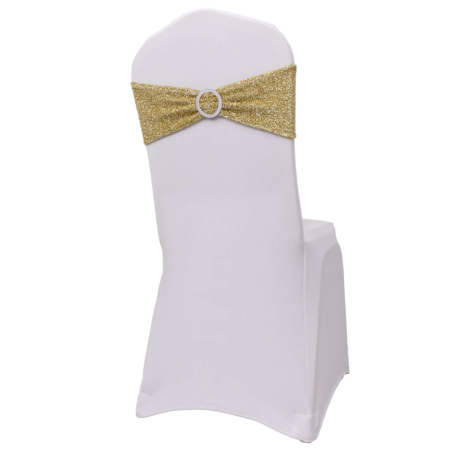 5 Pack Chair Sashes Shimmer Tinsel Spandex 5"x12" with Silver Rhinestone Buckles Champagne - Stylish Chair Bands