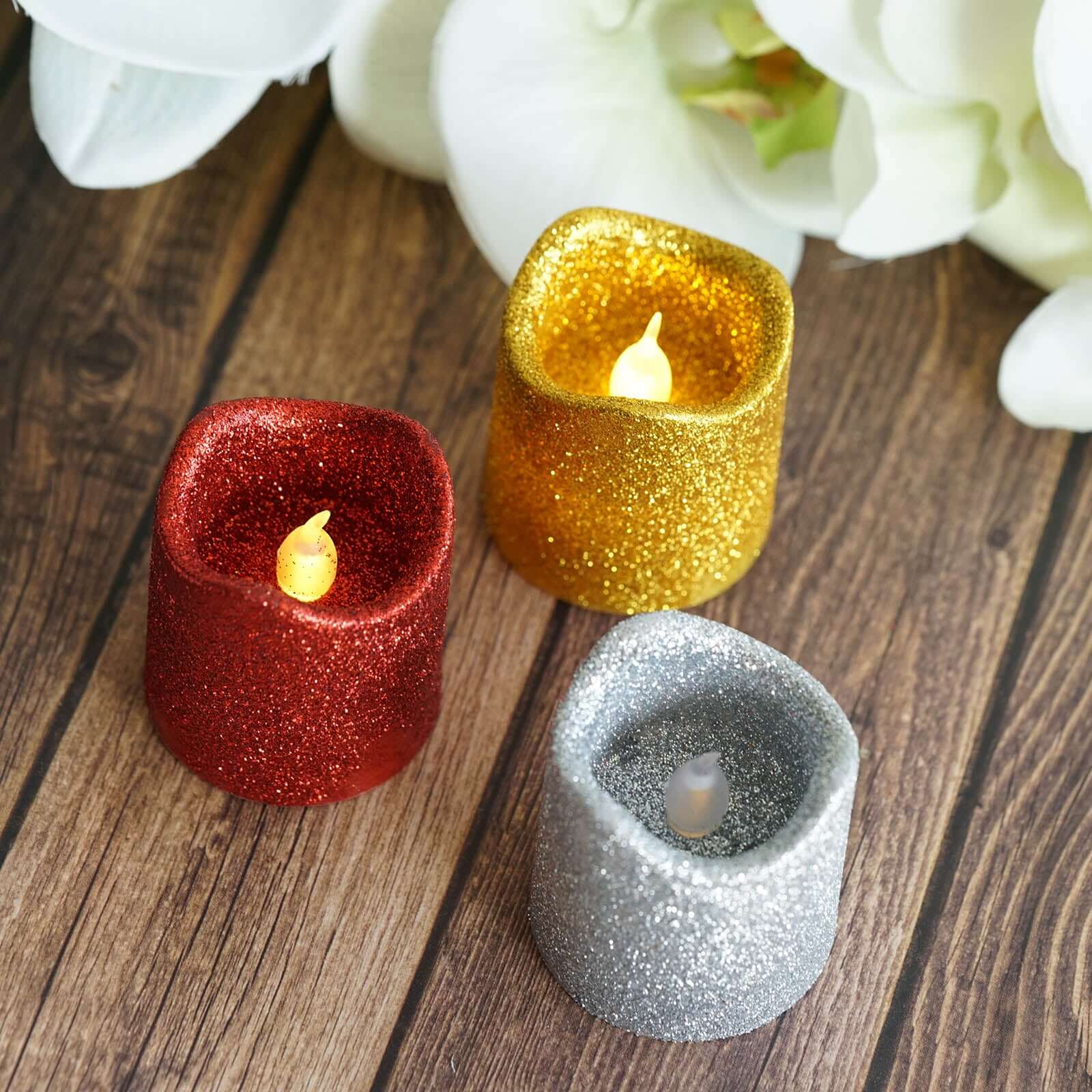 12-Pack LED Votive Candles Glittered Gold Design - Reusable Flameless Battery Operated Lights