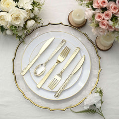 24-Pack Plastic Silverware Set with Hammered Design Gold - Heavy Duty Disposable Utensils 7"