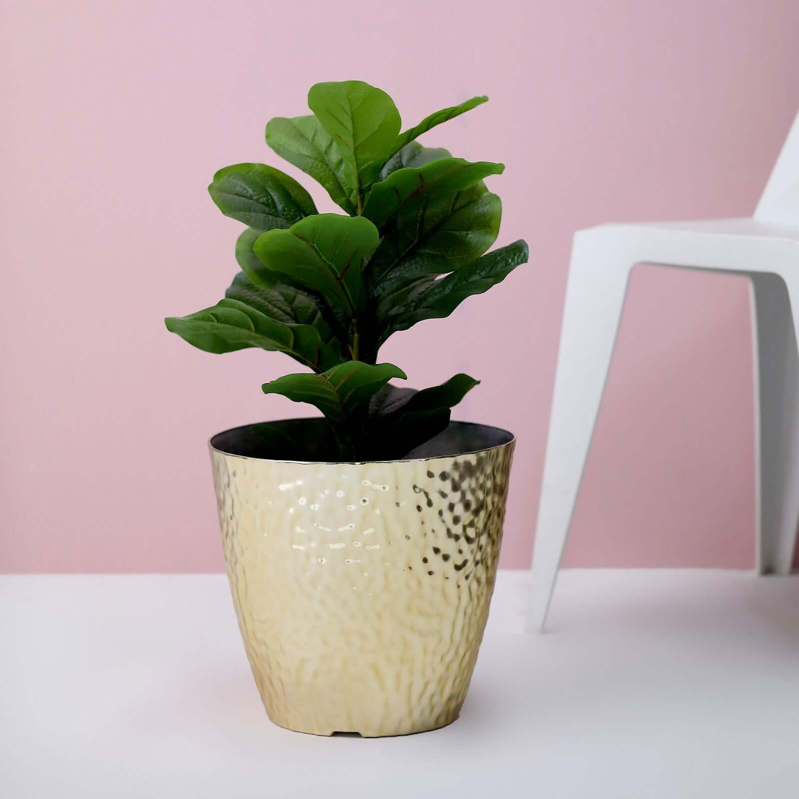 11" Gold Hammered Design Large Indoor Flower Plant Pot, Decorative Greenery Planter