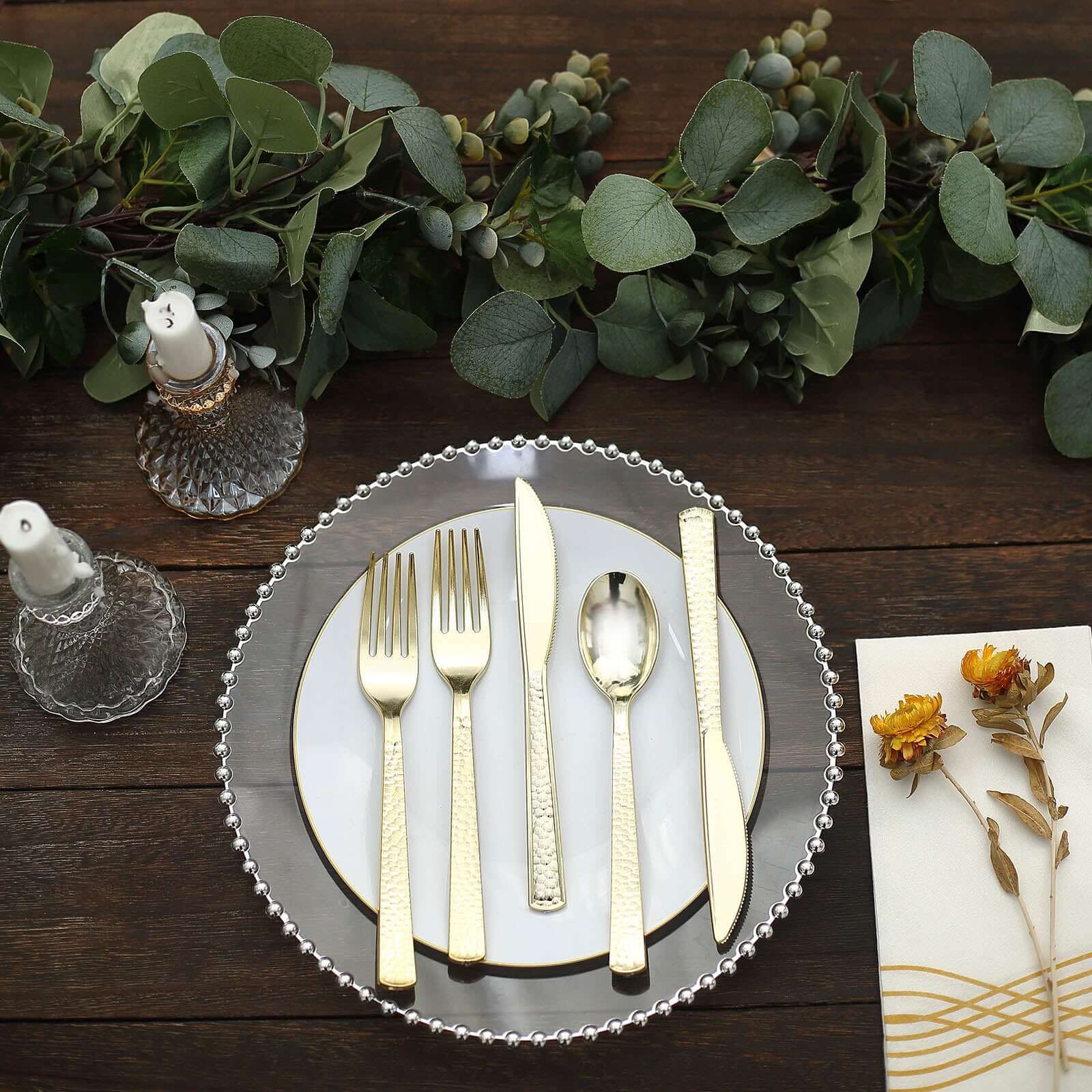 24-Pack Plastic Silverware Set with Hammered Design Gold - Heavy Duty Disposable Utensils 7"