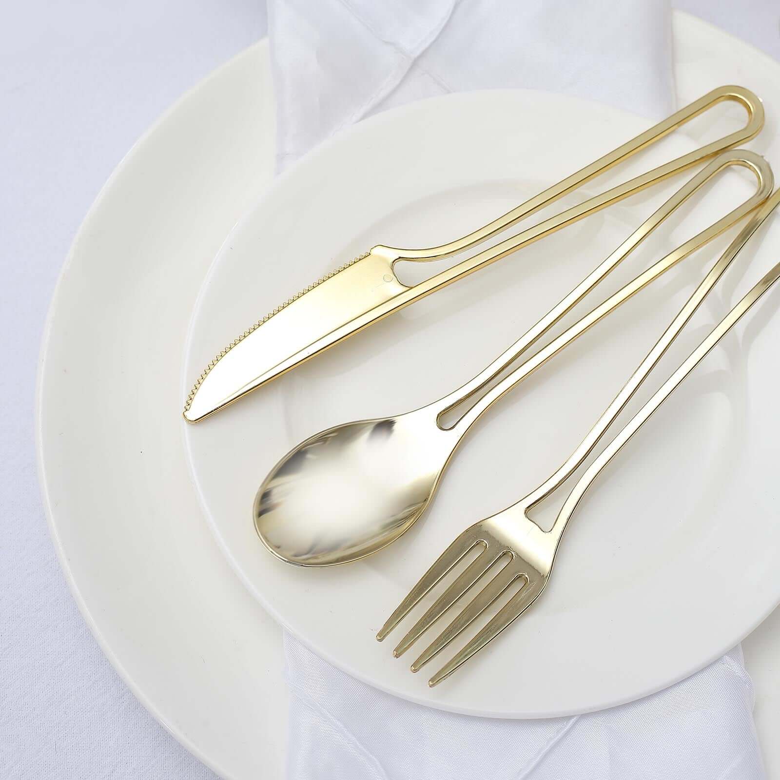 24-Pack Plastic Utensil Set with Modern Hollow Handle Design Gold - Disposable Silverware 7" for Parties
