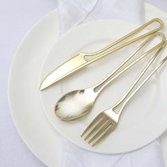 24-Pack Plastic Utensil Set with Modern Hollow Handle Design Gold - Disposable Silverware 7" for Parties