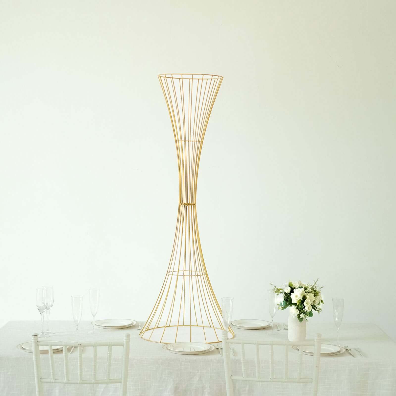 48" Tall Gold Metal Wire Hourglass Flower Frame Stand, Open Frame Reversible Trumpet Centerpiece Stand