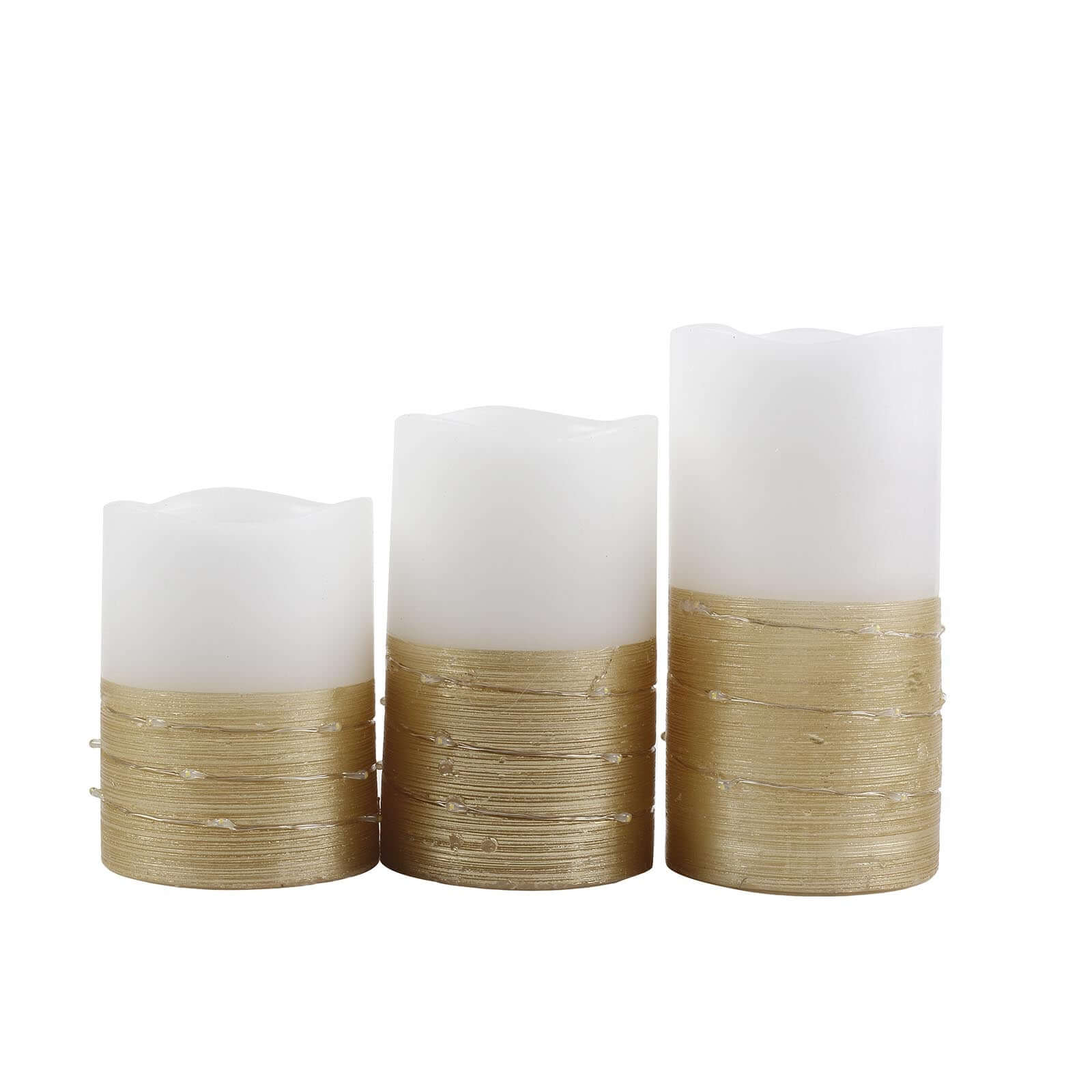Set of 3 LED Flameless Pillar Candles Wrapped with Fairy String Lights Gold - Remote Operated 4", 5", 6"