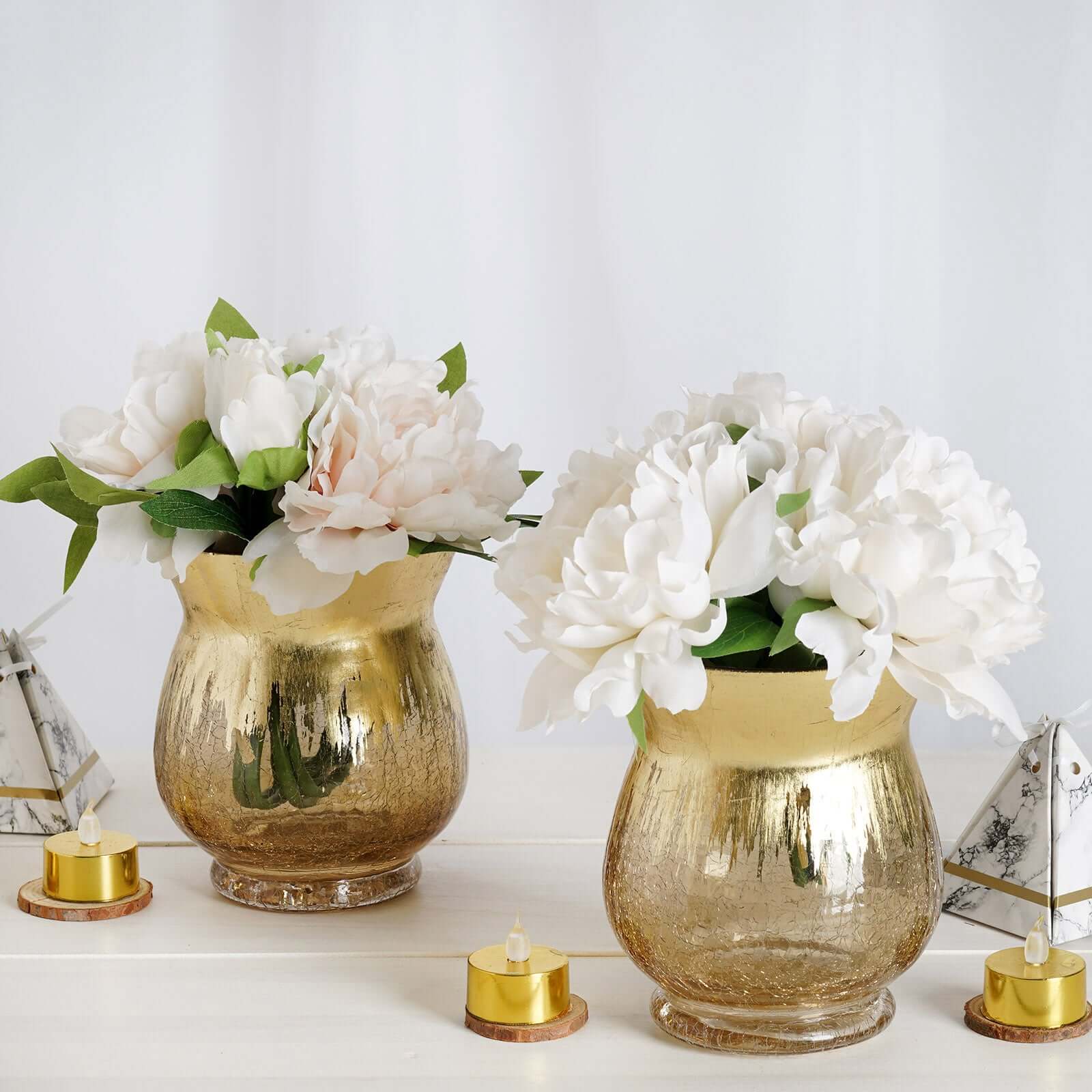 2-Pack Glass Hurricane Vases Bell Shaped Crackle Gold Curvy Design - Decorative Candle Holder Centerpieces 6"