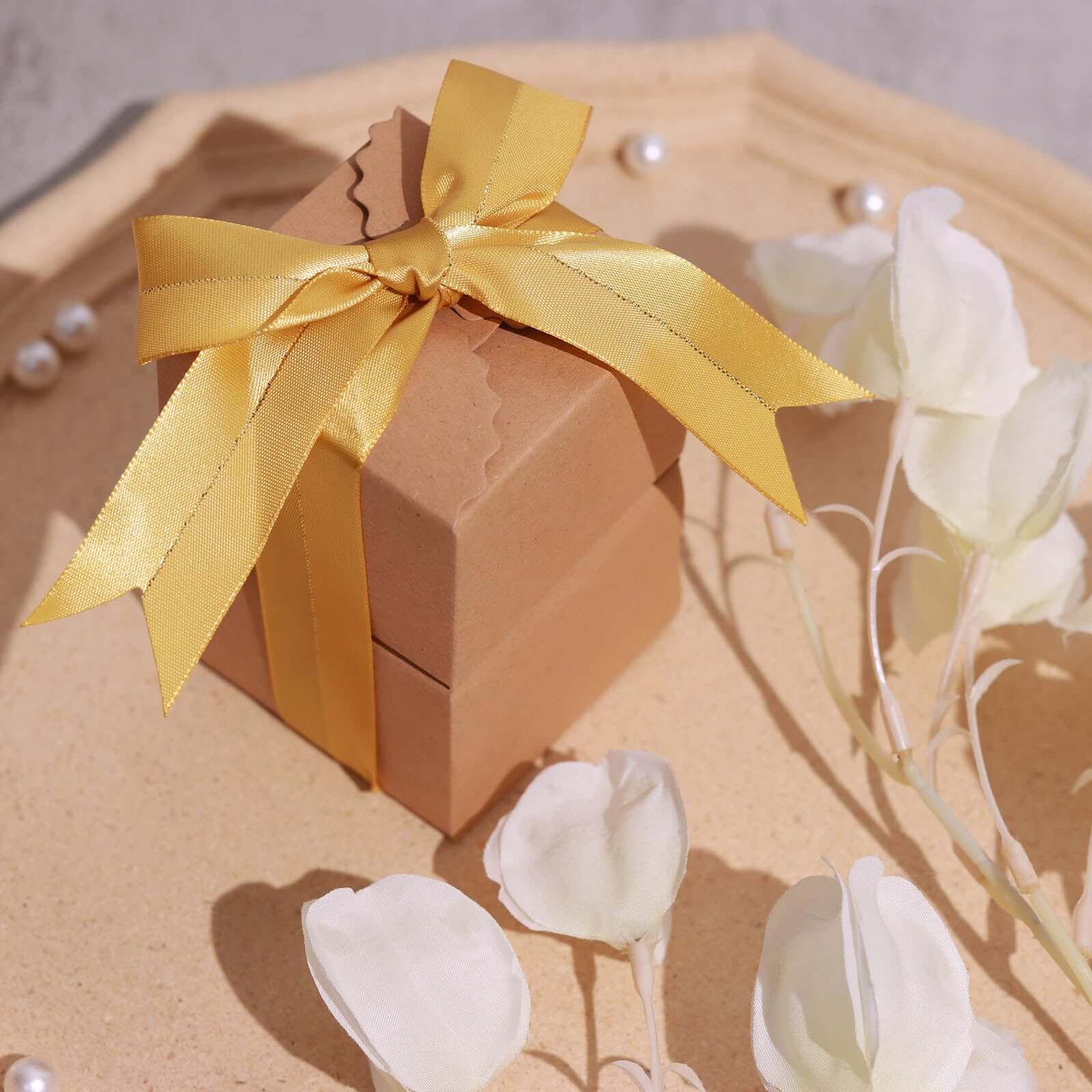50 Pcs 10" Gold Pre Tied Ribbon Bows, Satin Ribbon With Gold Foil Lining For Gift Basket and Party Favors Decor