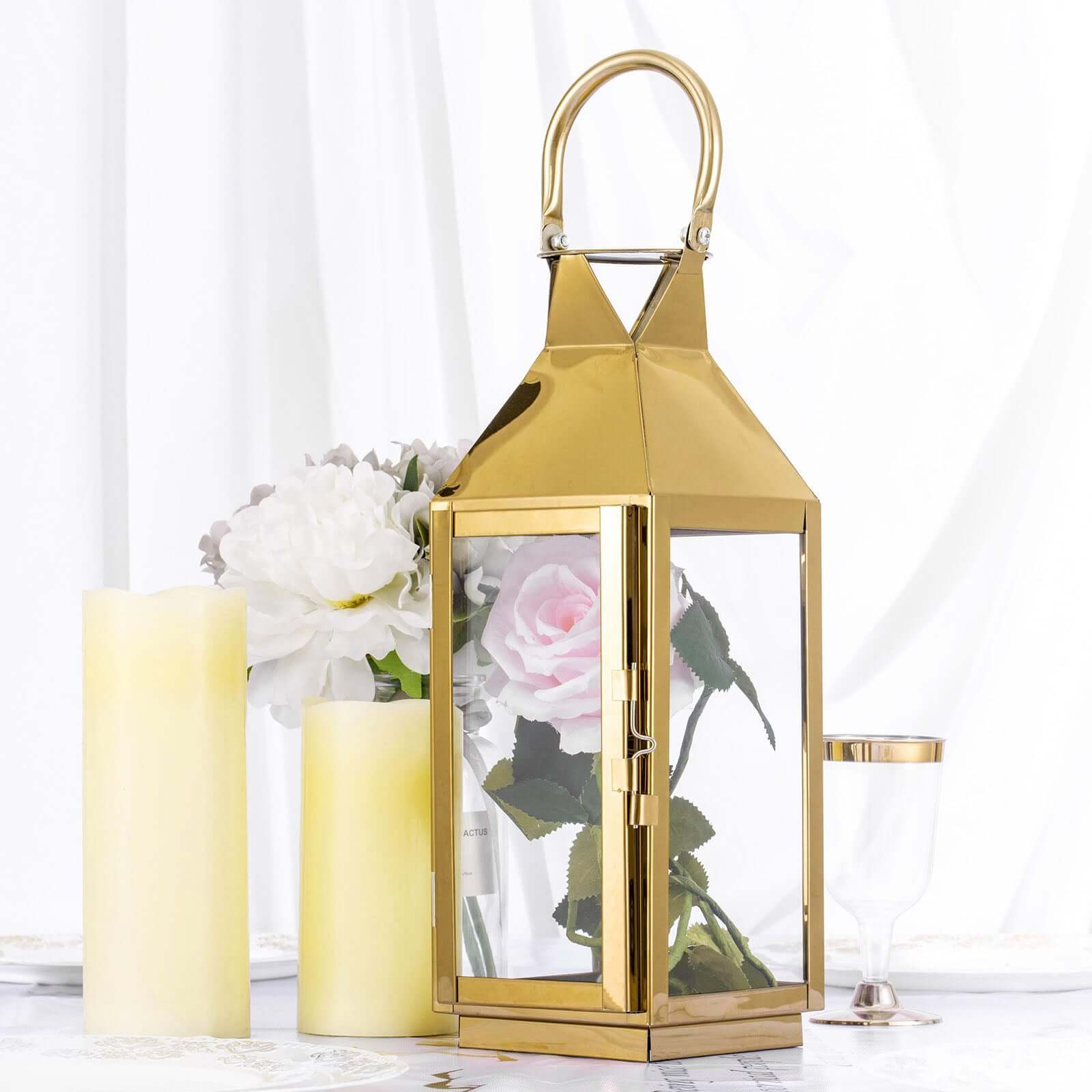 Stainless Steel Candle Lantern Crown Top Design Gold - Outdoor Metal Patio Lantern Centerpiece 14"