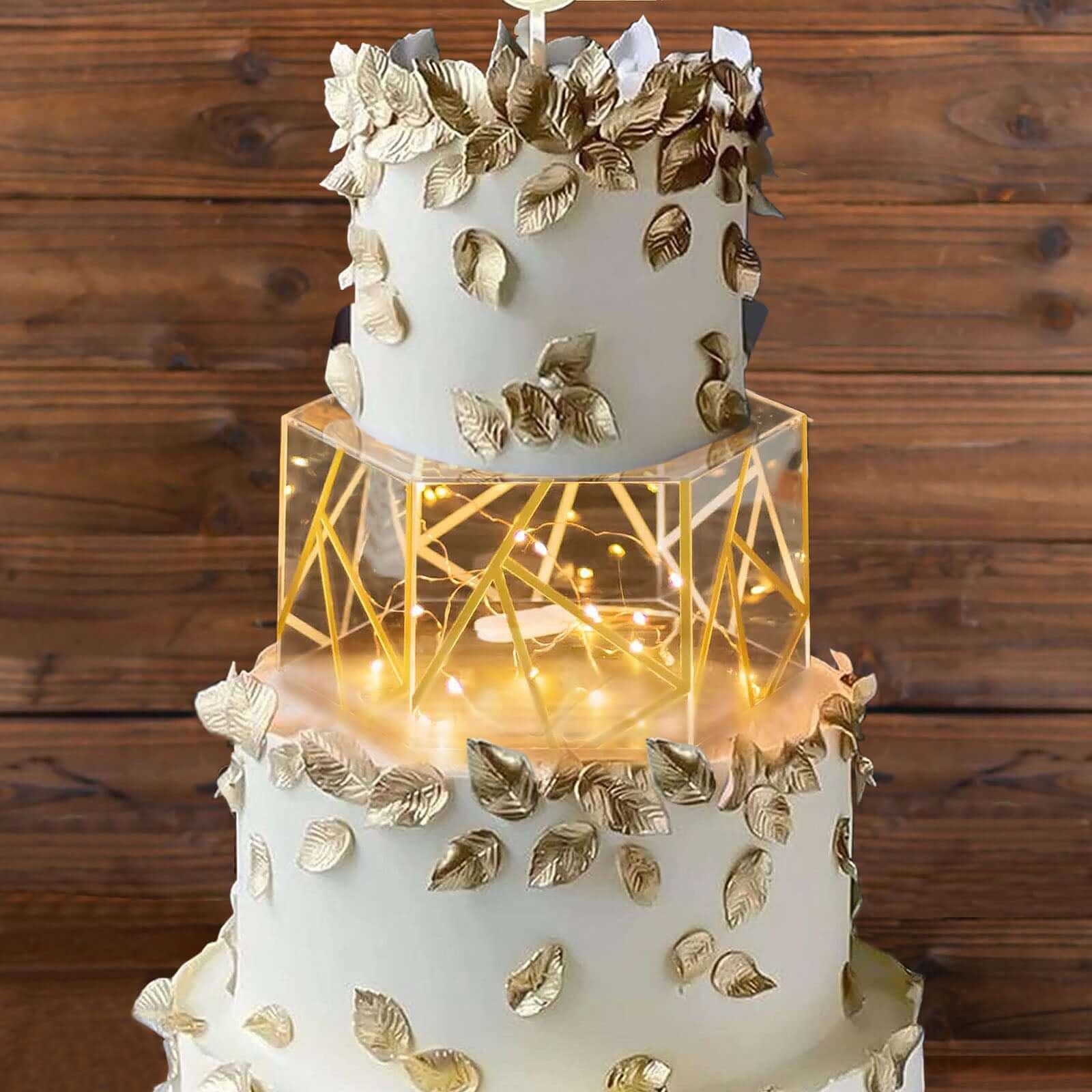 Acrylic Cake Stand Pedestal Riser Box Hexagonal Design Clear and Gold 10"x5" - Decorative Event Display