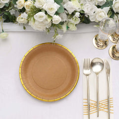 25-Pack Kraft Paper 8" Round Dessert Plates in Natural Brown with Gold Lined Rim - Disposable Salad Appetizer Plates for Rustic & Vintage Inspired Events