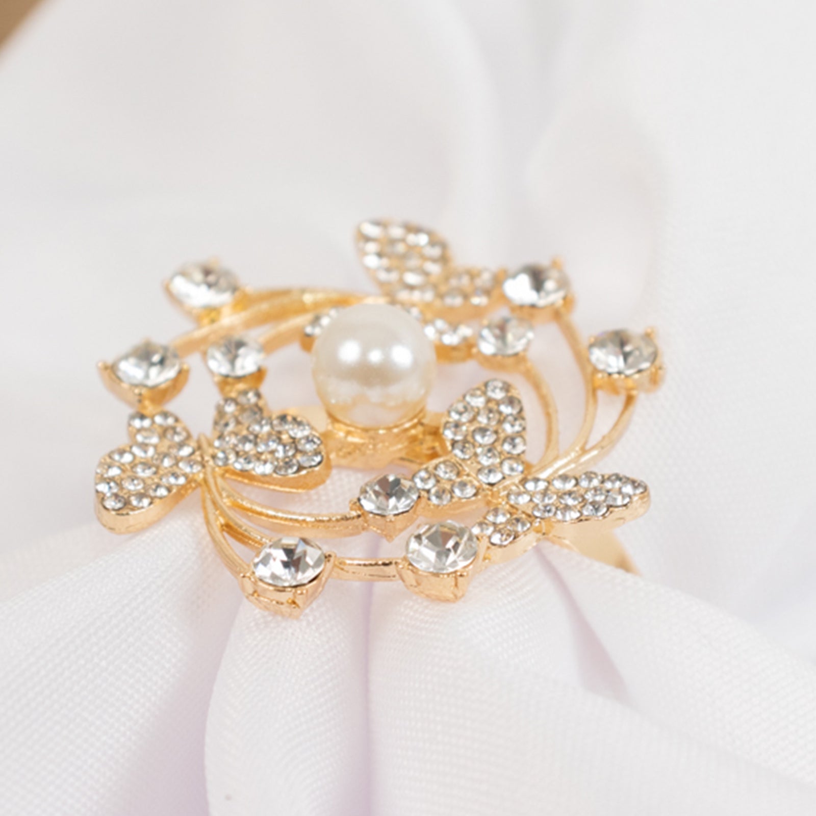 4 Pack Gold Metal Butterfly Napkin Rings with Pearl and Rhinestone Accents, Elegant Table Decoration for Weddings, Events, and Parties