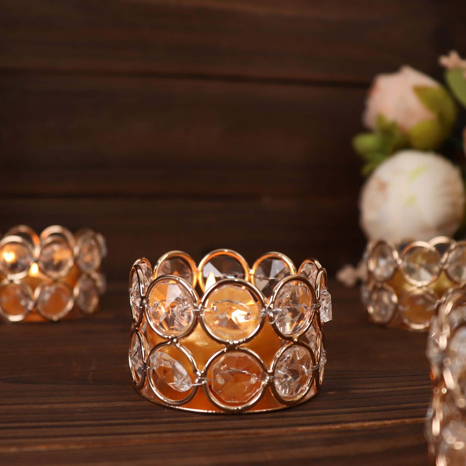 6-Pack Crystal Beaded Tea Light Candle Holders Gold Metal 1.5" - Stylish Votive Candle Stands for Weddings