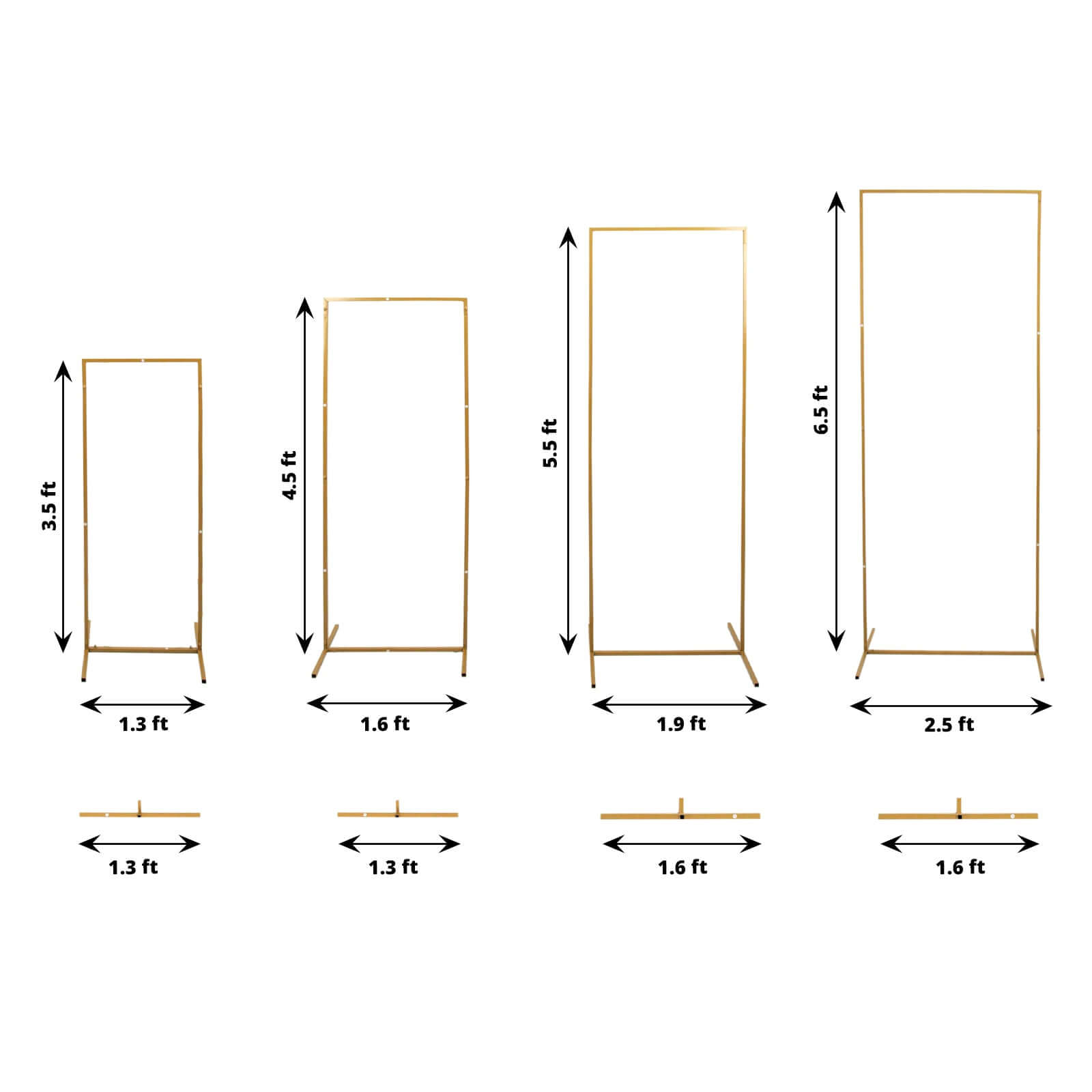 Set of 4 Gold Metal Frame Wedding Arch, Rectangular Backdrop Stand, Floral Display Frame - 3.5ft, 4.5ft, 5.5ft, 6.5ft