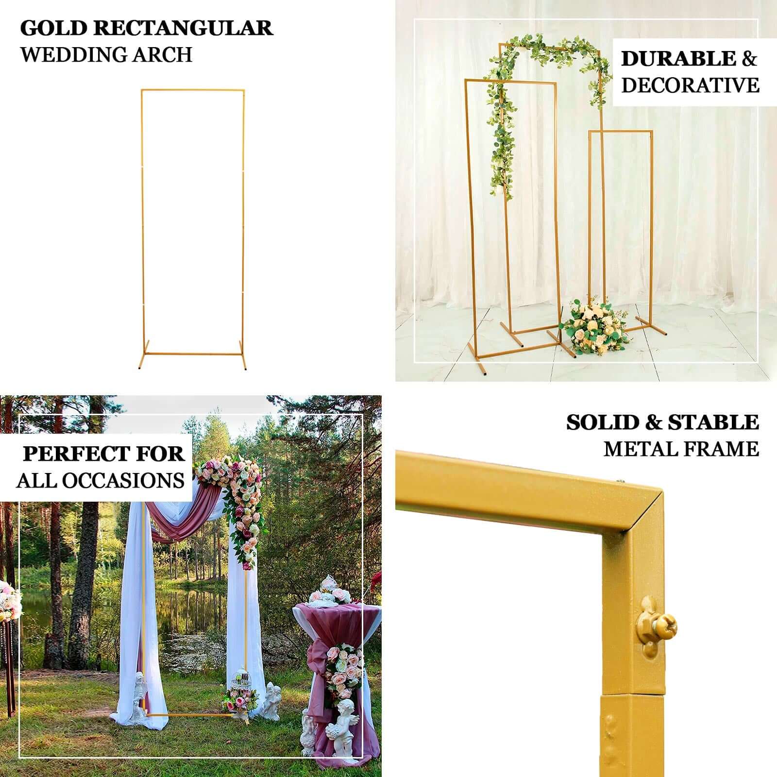 Set of 4 Gold Metal Frame Wedding Arch, Rectangular Backdrop Stand, Floral Display Frame - 3.5ft, 4.5ft, 5.5ft, 6.5ft
