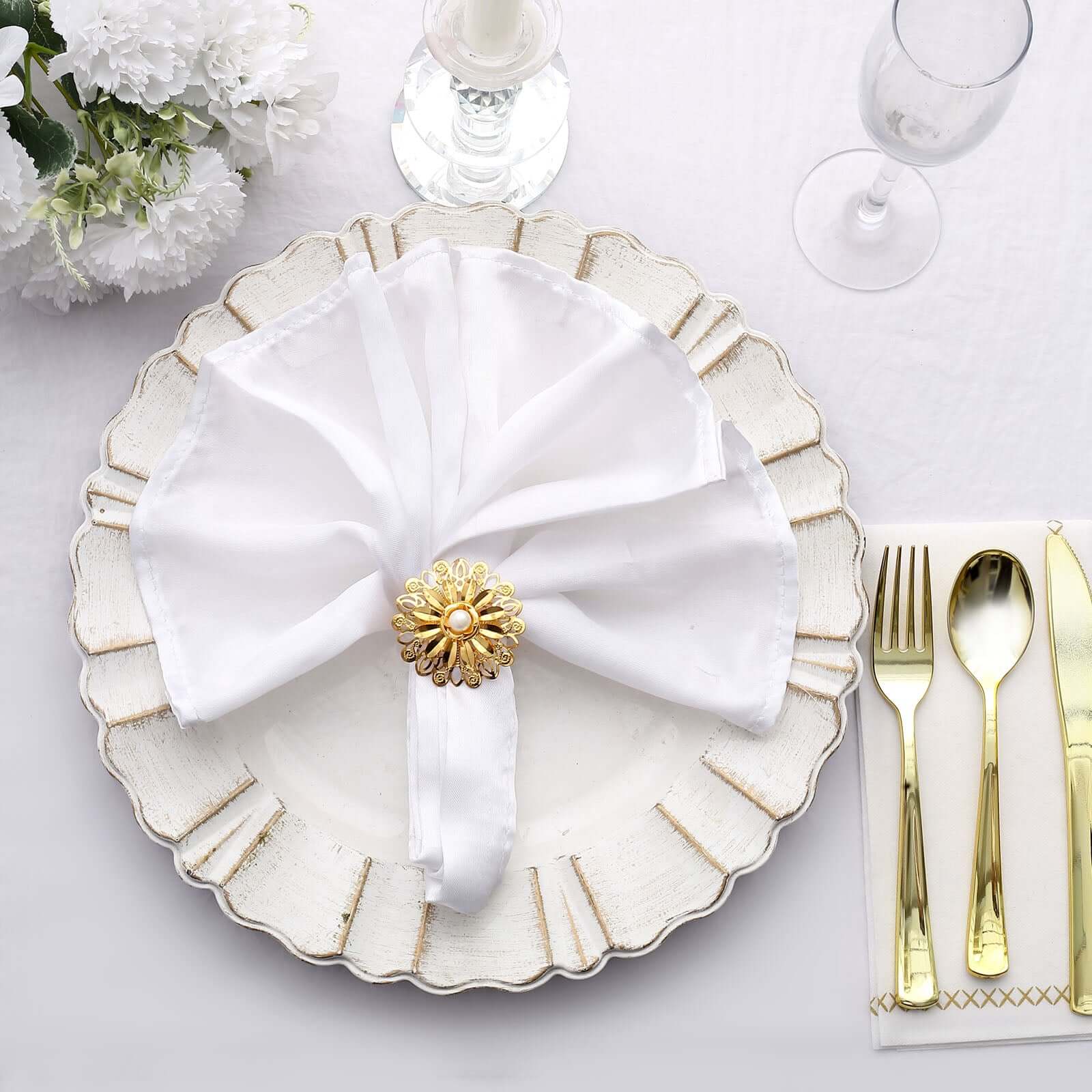 4 Pack 2" Elegant Gold Metal Pearl Floral Serviette Napkin Rings, Daffodil Flower Buckle Napkin Holders