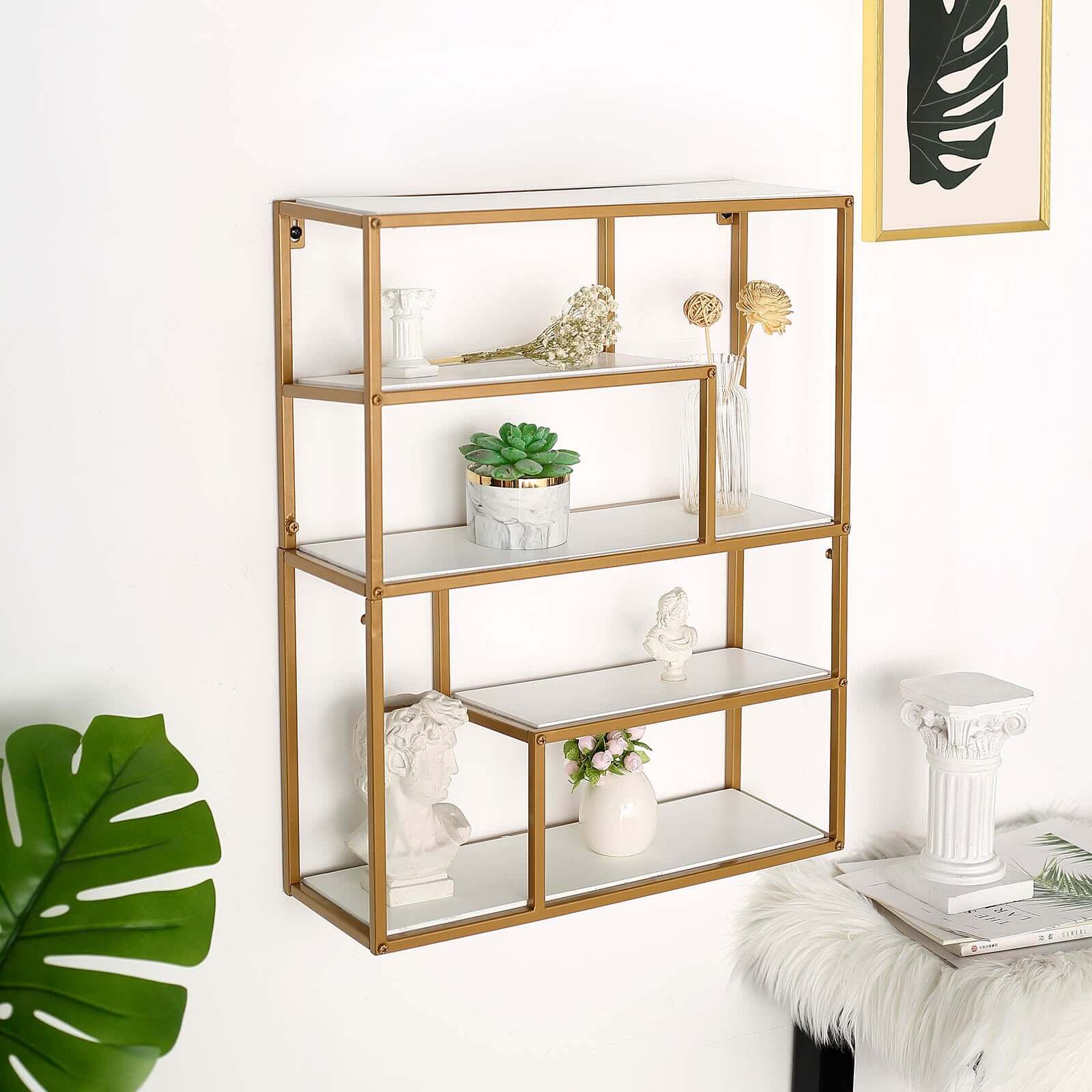 4-Tier Dessert Cupcake Stand Metal Gold with White Wood Panels - Wall Shelf & Book Display Rack 22"