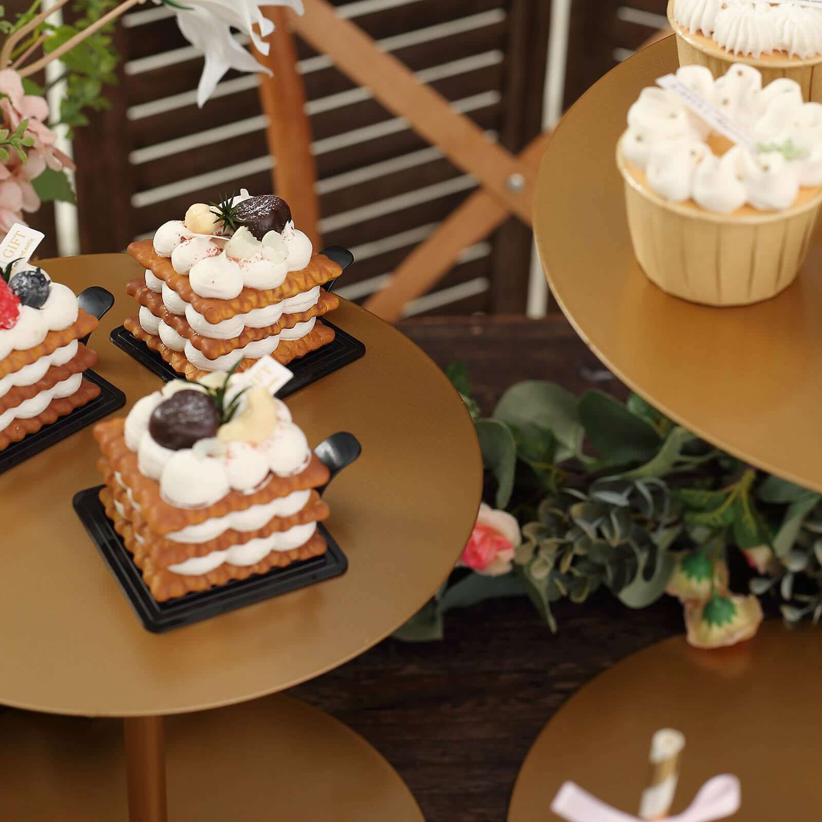 Set of 3 Metal Pedestal Cake Stands Heavy Duty Round Design Gold - Cupcake Dessert Display Props 8", 10", 12"