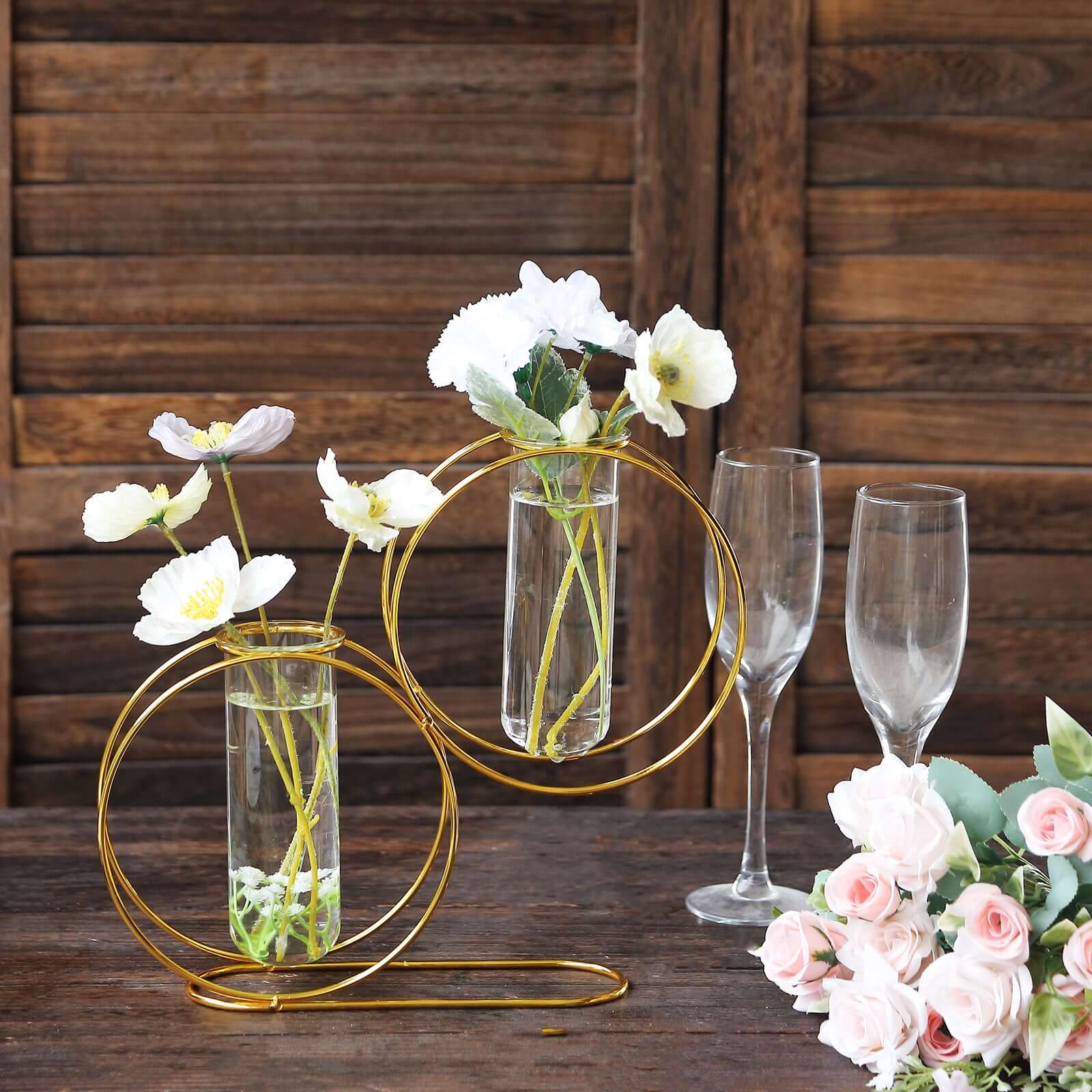 2 Pack 10" Gold Metal Geometric Floating Glass Vase Centerpiece, Nordic Style Double Ring Test Tube Flower Vase
