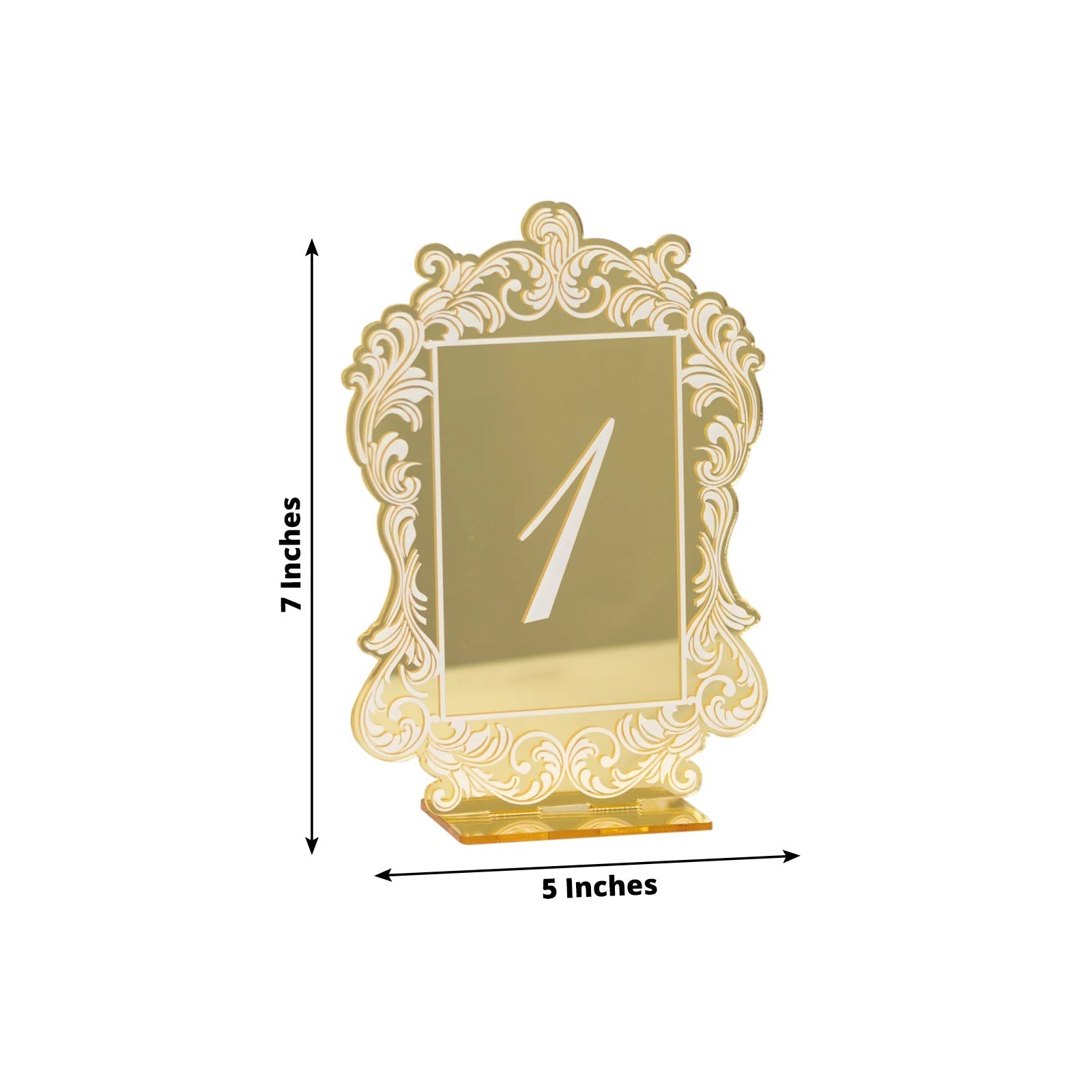 Gold Mirror Arch Acrylic Table Numbers (1-10) - 5"x7" Wedding Reception Signs with Baroque Lace Border, White Print & Stands