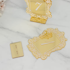 Gold Mirror Arch Acrylic Table Numbers (1-10) - 5"x7" Wedding Reception Signs with Baroque Lace Border, White Print & Stands