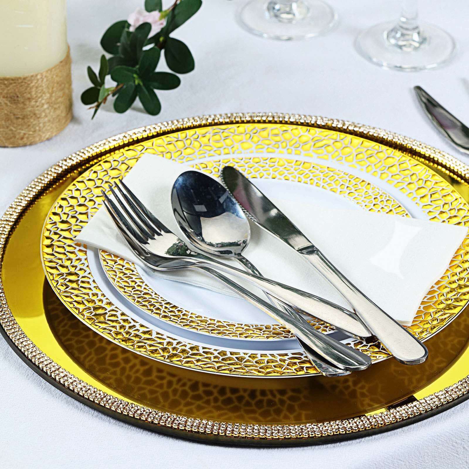 2-Pack Mirror Glass Round Charger Plates 13" with Metallic Gold Mirror Rhinestone Rim, Dazzling Decorative Chargers