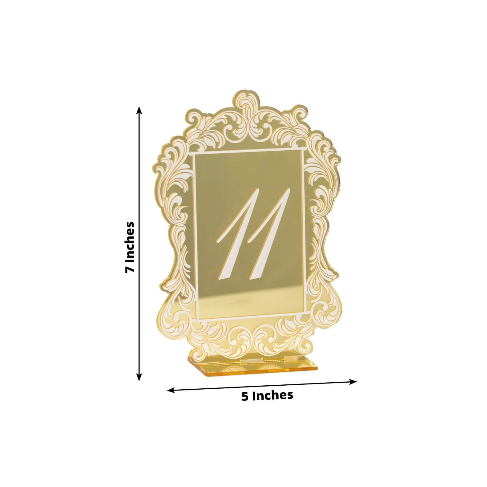 Gold Mirror Arch Acrylic Table Numbers (11-20) - 5"x7" Wedding Reception Signs with Baroque Lace Border, White Print & Stands