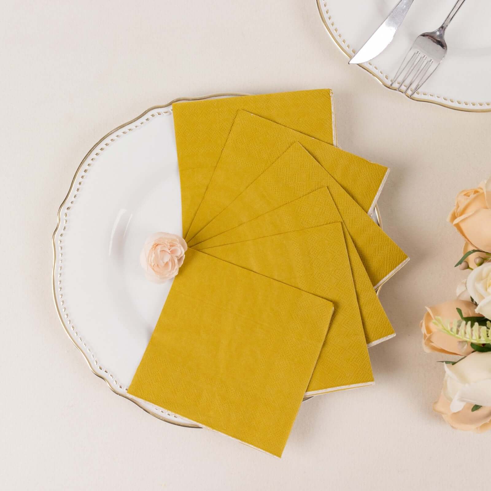 50-Pack Paper Beverage Napkins Gold - 2 Ply Disposable Soft 18GSM Cocktail Napkins for Events 5"x5"