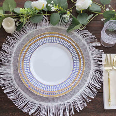 10-Pack Plastic 9" Round Dinner Plates in White with Gold Navy Blue Chord Rim - Renaissance Style Disposable Plates for Events & Banquets