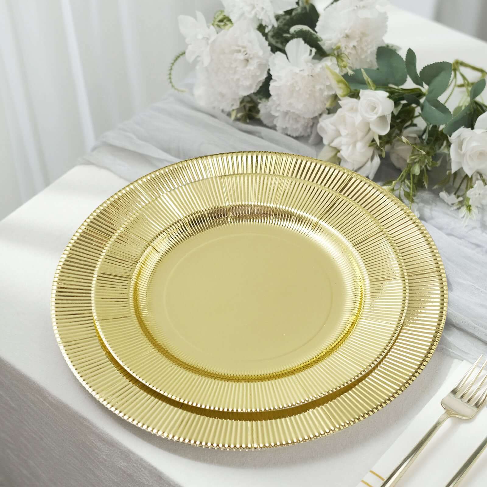 25-Pack Paper 8" Round Dessert Plates in Metallic Gold Sunray Design - Disposable Heavy Duty 350GSM Appetizer Salad Plates