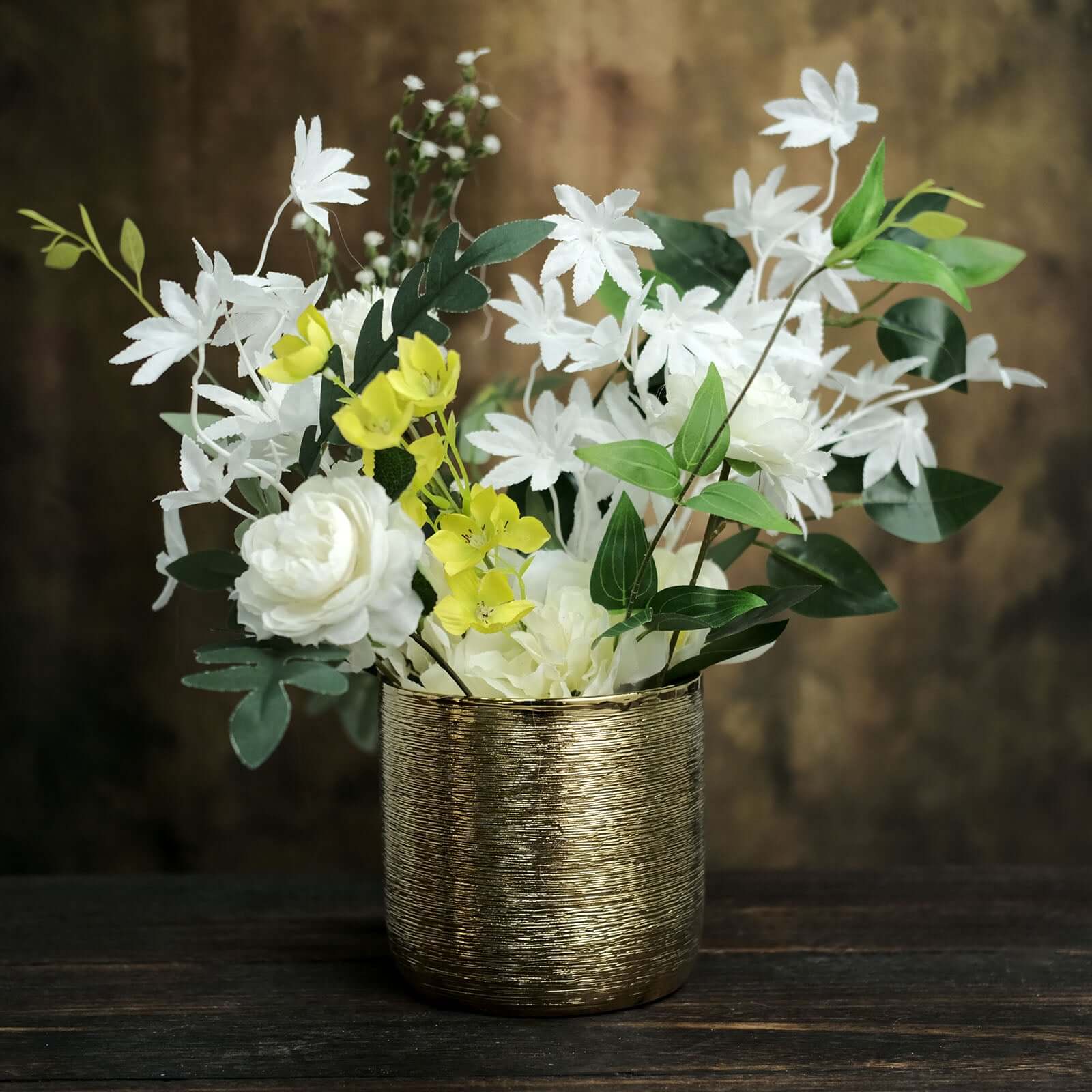 2-Pack Flower Plant Pots Textured Round Design Metallic Gold - Ceramic Cylindrical Indoor Planters 5"