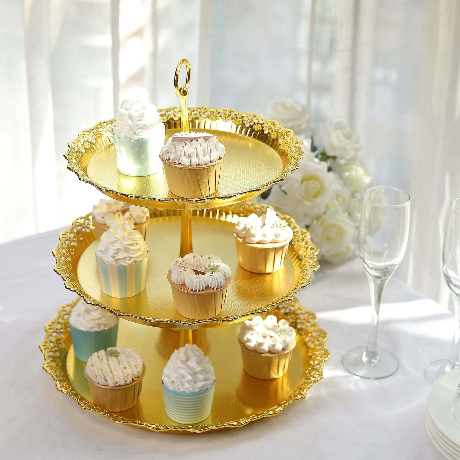 3-Tier Plastic Round Cupcake Stand 15" Metallic Gold with Lace Scalloped Edges - Multifunctional Space Saving Dessert Display Tower Pastry Serving Tray for Classy Events