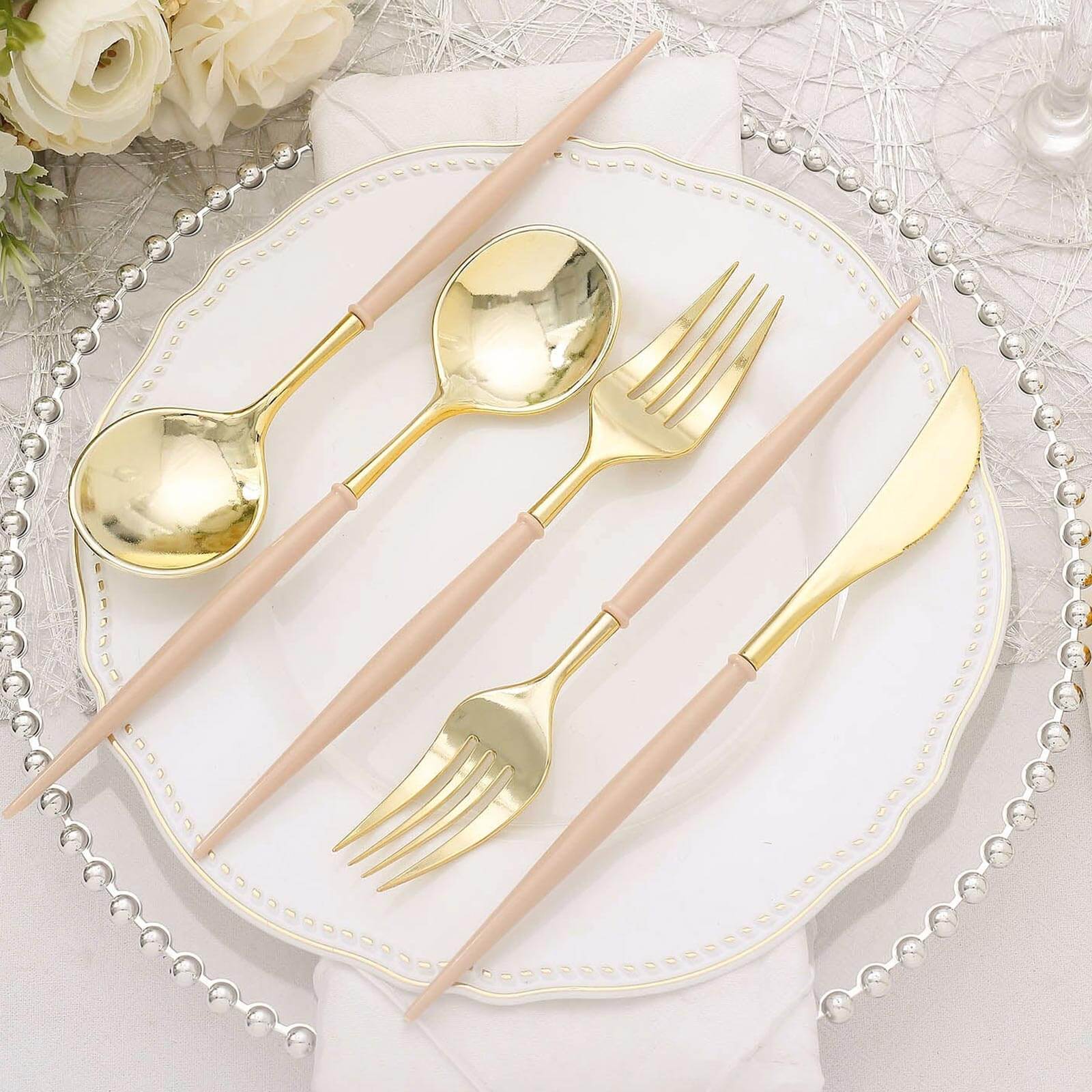 24-Pack Plastic Flatware Set in Metallic Gold with Beige Handle - Heavy Duty Disposable Modern Silverware 8"