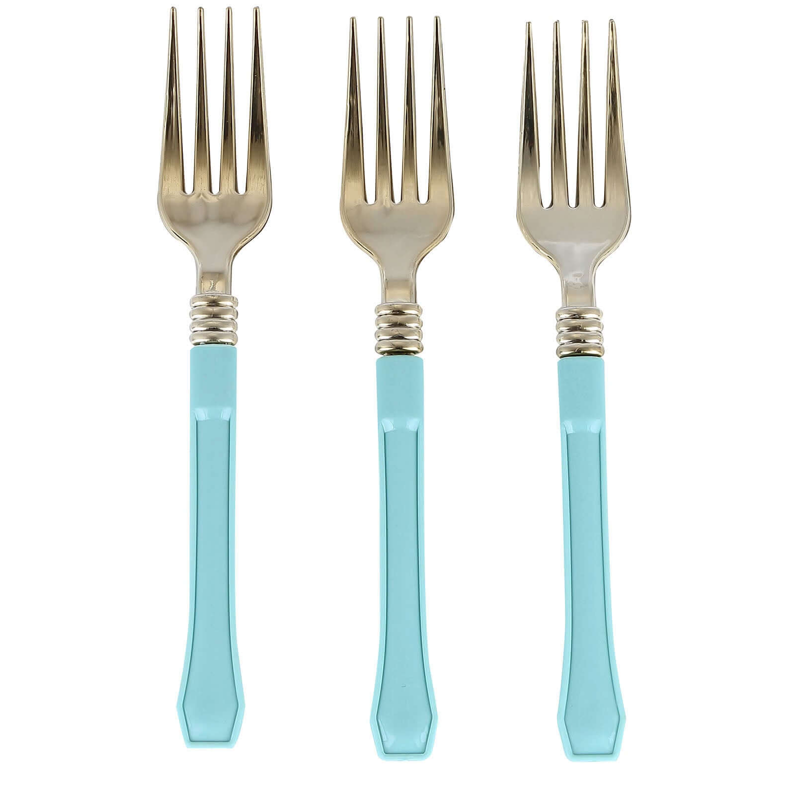 24-Pack Plastic Forks Gold with Light Blue Handles - Durable Food Safe Disposable Silverware for Lunch Buffets & Catering Services 7"