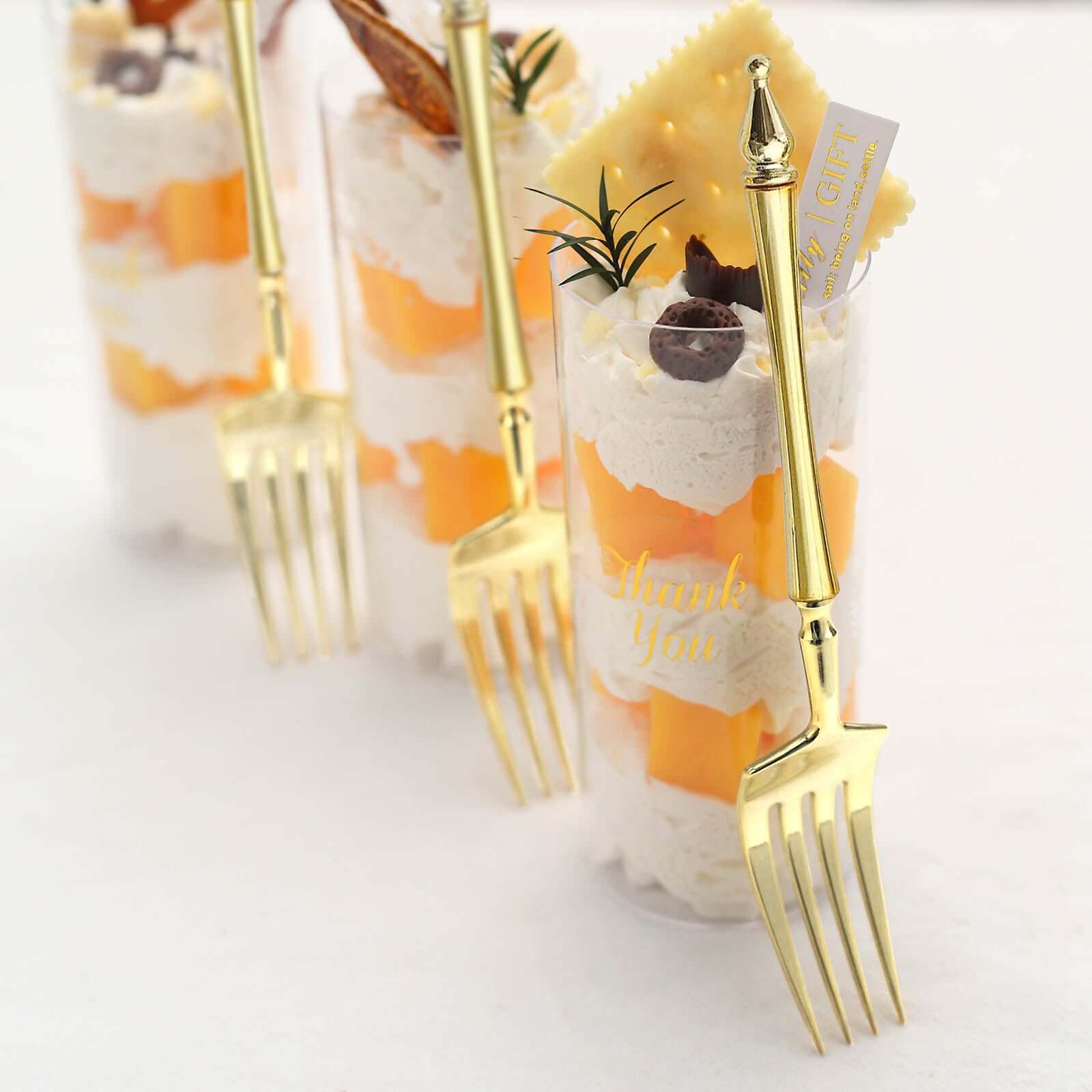 24-Pack Plastic Dessert Forks with Roman Column Handle Gold - European Style Disposable Utensils 6"