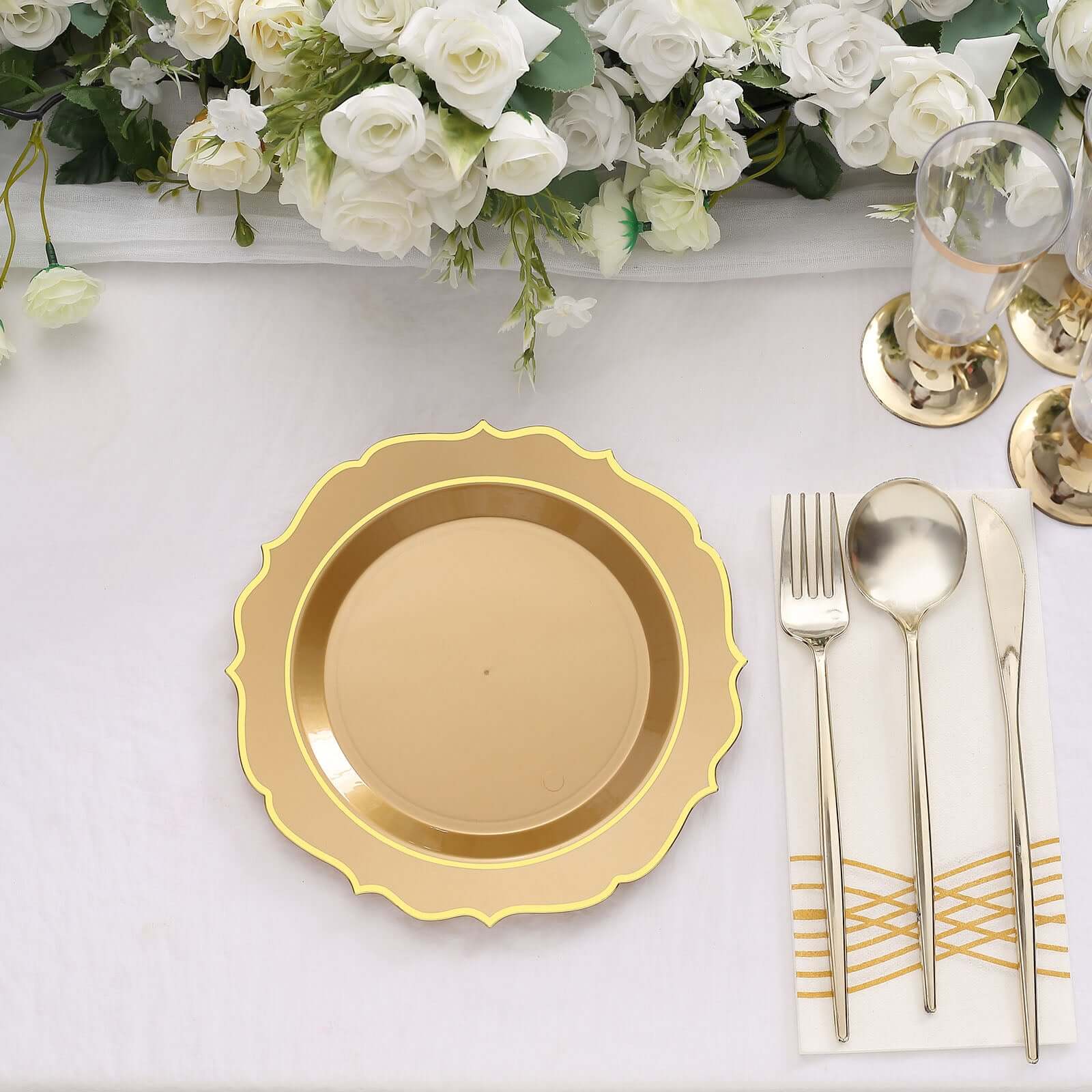 10-Pack Plastic 8" Round Desert Plates in Gold with Gold Scalloped Rim - Disposable Appetizer/Salad Plates
