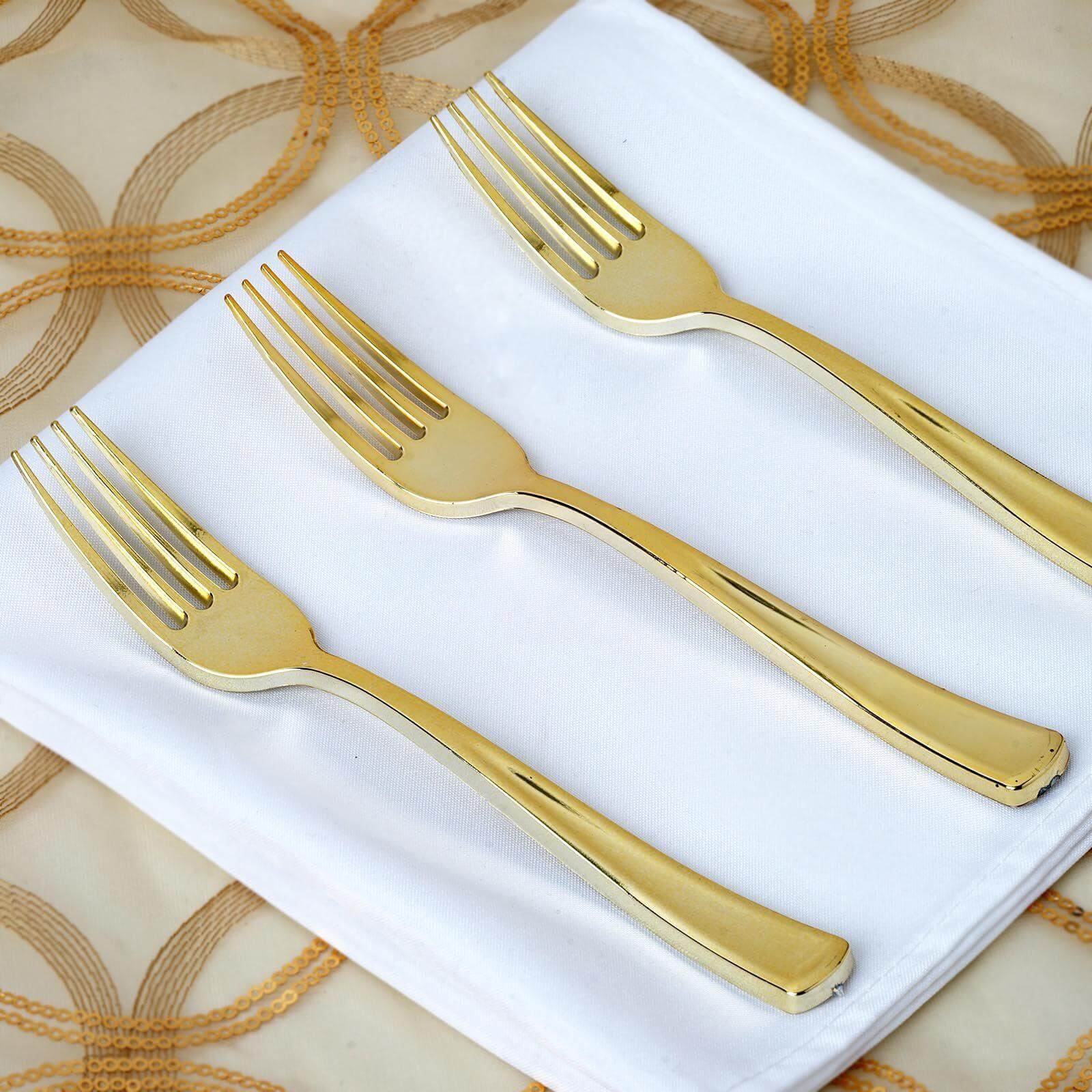 25-Pack Plastic Utensil Set Metallic Gold Classic Heavy Duty - Decorative Disposable Tableware 7", 8"