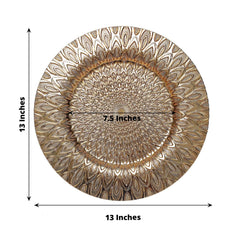6-Pack Plastic Round Charger Plates 13" in Gold with Embossed Peacock Pattern, Stylish Disposable Charger Tableware