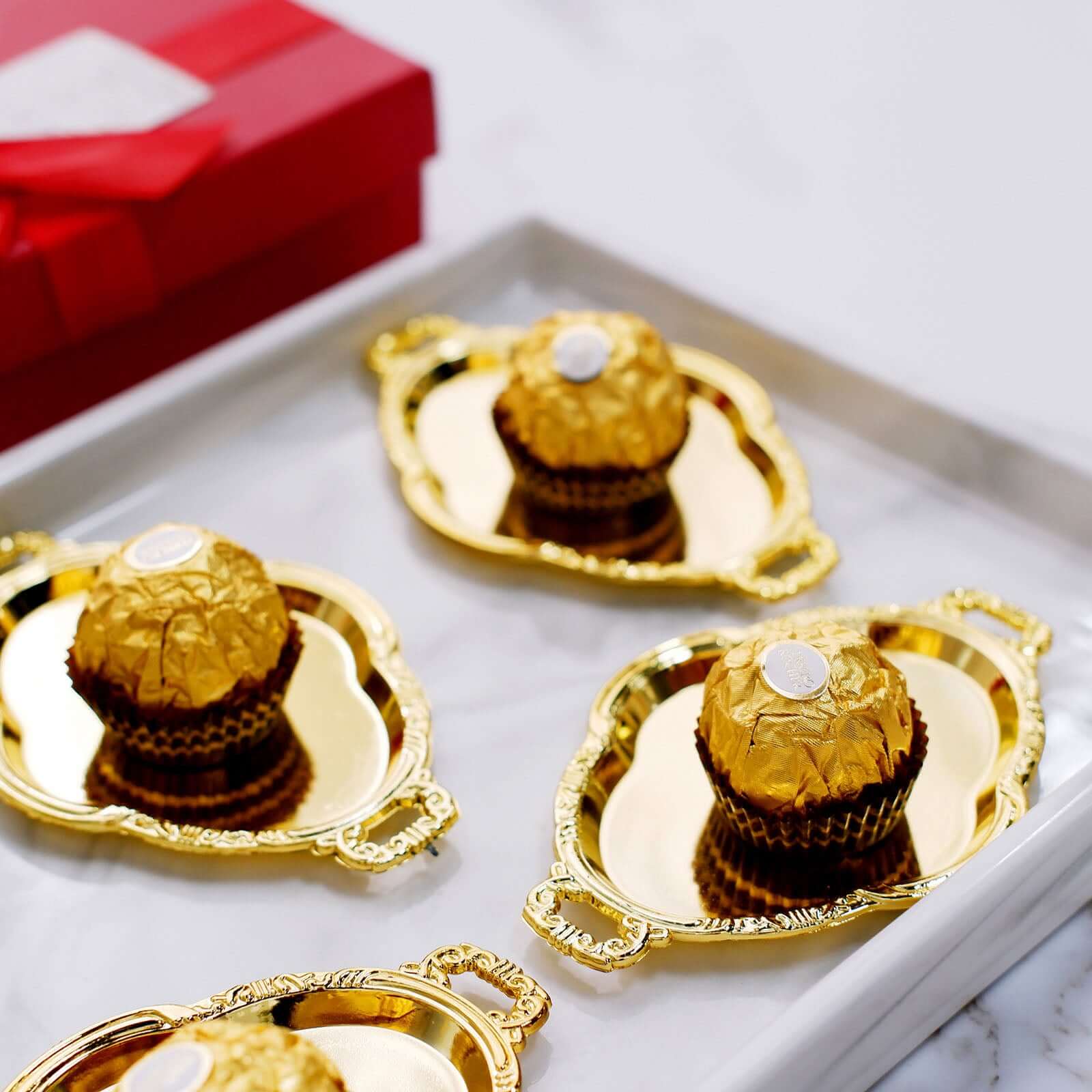 12-Pack Display Trays Party Favor Baroque Oval Design Gold - Mini Serving Platters for Sweets and Desserts 4.5"